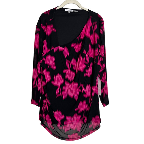 Calvin Klein Plus Size 2X Floral Print Mesh Asymmetric V-Neck 3/4 Sleeve Ruched - Picture 2 of 8